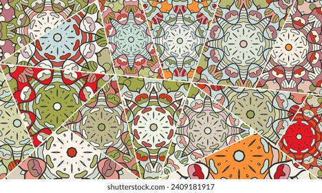 Vector patchwork quilt pattern. Vintage decorative collage. Hand drawn background. Indian, Arabic, Turkish motifs for printing on fabric or paper. Abstract colorful doodle pattern in mosaic style