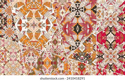 Vector patchwork quilt pattern. Vintage decorative collage. Hand drawn background. Indian, Arabic, Turkish motifs for printing on fabric or paper. Abstract colorful doodle pattern in mosaic style