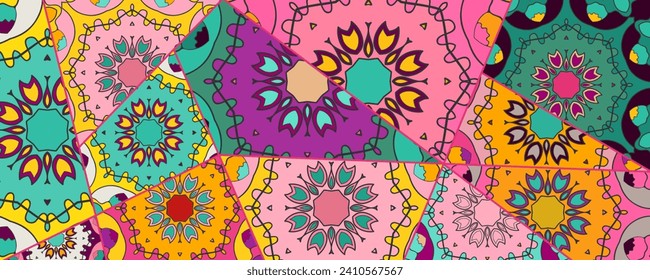 Vector patchwork quilt pattern. Vintage decorative collage. Hand drawn background. Indian, Arabic, Turkish motifs for printing on fabric or paper. Abstract colorful doodle pattern in mosaic style