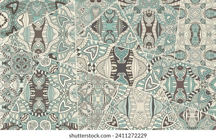 Vector patchwork quilt pattern. Vintage decorative collage. Hand drawn background. Indian, Arabic, Turkish motifs for printing on fabric or paper. Abstract colorful doodle pattern in mosaic style