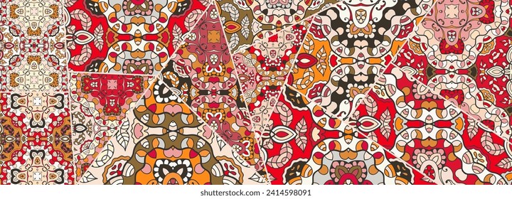 Vector patchwork quilt pattern. Vintage decorative collage. Hand drawn background. Indian, Arabic, Turkish motifs for printing on fabric or paper. Abstract colorful doodle pattern in mosaic style