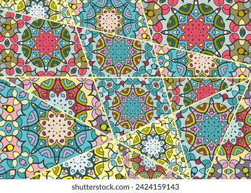 Vector patchwork quilt pattern. Vintage decorative collage. Hand drawn background. Indian, Arabic, Turkish motifs for printing on fabric or paper. Abstract colorful doodle pattern in mosaic style