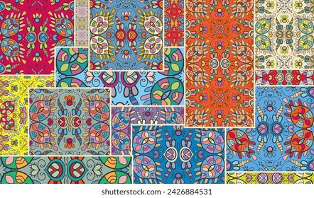 Vector patchwork quilt pattern. Vintage decorative collage. Hand drawn background. Indian, Arabic, Turkish motifs for printing on fabric or paper. Abstract colorful doodle pattern in mosaic style