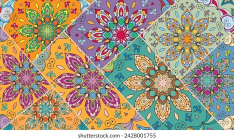 Vector patchwork quilt pattern. Vintage decorative collage. Hand drawn background. Indian, Arabic, Turkish motifs for printing on fabric or paper. Abstract colorful doodle pattern in mosaic style
