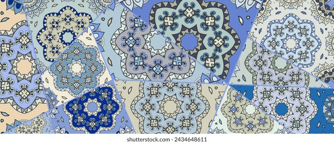 Vector patchwork quilt pattern. Vintage decorative collage. Hand drawn background. Indian, Arabic, Turkish motifs for printing on fabric or paper. Abstract colorful doodle pattern in mosaic style