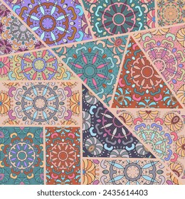 Vector patchwork quilt pattern. Vintage decorative collage. Hand drawn background. Indian, Arabic, Turkish motifs for printing on fabric or paper. Abstract colorful doodle pattern in mosaic style