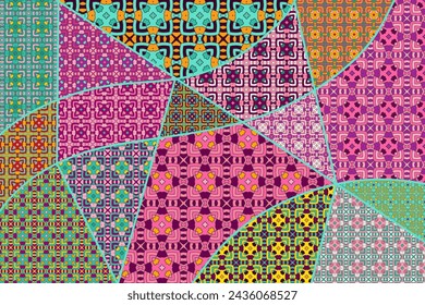 Vector patchwork quilt pattern. Vintage decorative collage. Hand drawn background. Indian, Arabic, Turkish motifs for printing on fabric or paper. Abstract colorful doodle pattern in mosaic style