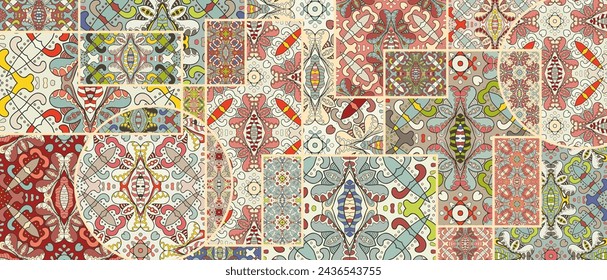 Vector patchwork quilt pattern. Vintage decorative collage. Hand drawn background. Indian, Arabic, Turkish motifs for printing on fabric or paper. Abstract colorful doodle pattern in mosaic style