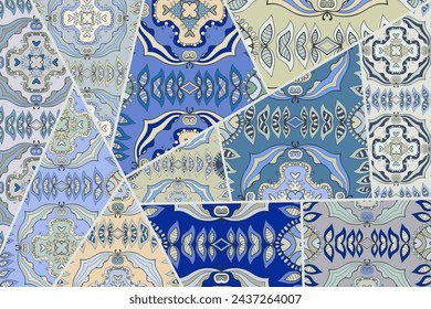 Vector patchwork quilt pattern. Vintage decorative collage. Hand drawn background. Indian, Arabic, Turkish motifs for printing on fabric or paper. Abstract colorful doodle pattern in mosaic style