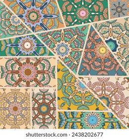 Vector patchwork quilt pattern. Vintage decorative collage. Hand drawn background. Indian, Arabic, Turkish motifs for printing on fabric or paper. Abstract colorful doodle pattern in mosaic style