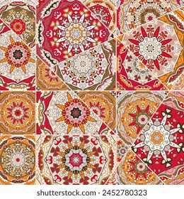 Vector patchwork quilt pattern. Vintage decorative collage. Hand drawn background. Indian, Arabic, Turkish motifs for printing on fabric or paper. Abstract colorful doodle pattern in mosaic style
