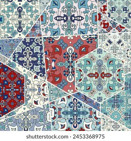 Vector patchwork quilt pattern. Vintage decorative collage. Hand drawn background. Indian, Arabic, Turkish motifs for printing on fabric or paper. Abstract colorful doodle pattern in mosaic style