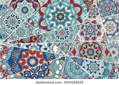 Vector patchwork quilt pattern. Vintage decorative collage. Hand drawn background. Indian, Arabic, Turkish motifs for printing on fabric or paper. Abstract colorful doodle pattern in mosaic style