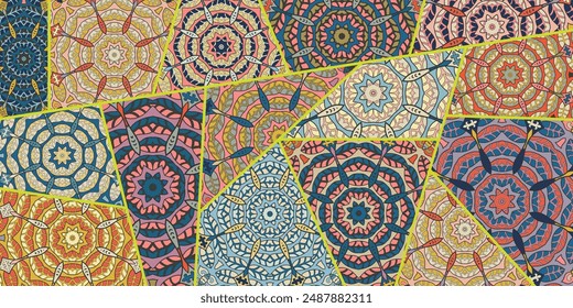 Vector patchwork quilt pattern. Vintage decorative collage. Hand drawn background. Indian, Arabic, Turkish motifs for printing on fabric or paper. Abstract colorful doodle pattern in mosaic style