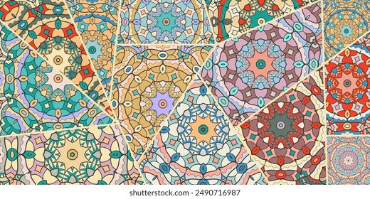 Vector patchwork quilt pattern. Vintage decorative collage. Hand drawn background. Indian, Arabic, Turkish motifs for printing on fabric or paper. Abstract colorful doodle pattern in mosaic style