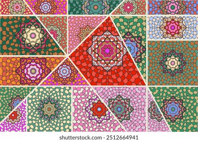 Vector patchwork quilt pattern. Vintage decorative collage. Hand drawn background. Indian, Arabic, Turkish motifs for printing on fabric or paper. Abstract colorful doodle pattern in mosaic style