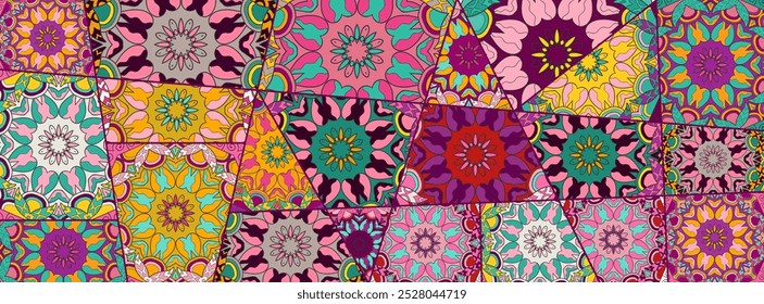 Vector patchwork quilt pattern. Vintage decorative collage. Hand drawn background. Indian, Arabic, Turkish motifs for printing on fabric or paper. Abstract colorful doodle pattern in mosaic style