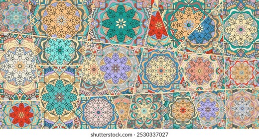 Vector patchwork quilt pattern. Vintage decorative collage. Hand drawn background. Indian, Arabic, Turkish motifs for printing on fabric or paper. Abstract colorful doodle pattern in mosaic style