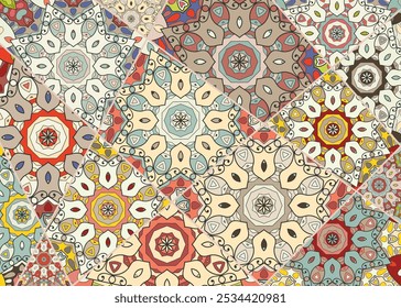 Padrão de colcha de retalhos de vetor. Colagem decorativa vintage. Fundo desenhado à mão. Motivos indianos, árabes e turcos para impressão em tecido ou papel. Abstrato padrão de doodle colorido em estilo mosaico