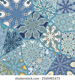 Vector patchwork quilt pattern. Vintage decorative collage. Hand drawn background. Indian, Arabic, Turkish motifs for printing on fabric or paper. Abstract colorful doodle pattern in mosaic style