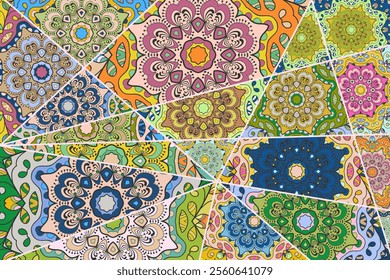 Vector patchwork quilt pattern. Vintage decorative collage. Hand drawn background. Indian, Arabic, Turkish motifs for printing on fabric or paper. Abstract colorful doodle pattern in mosaic style