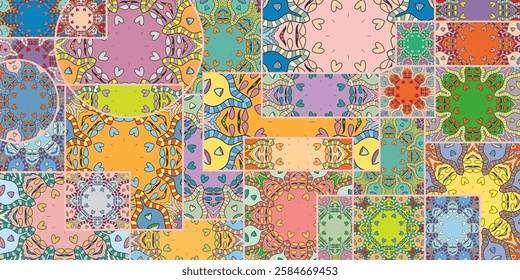 Vector patchwork quilt pattern. Vintage decorative collage. Hand drawn background. Indian, Arabic, Turkish motifs for printing on fabric or paper. Abstract colorful doodle pattern in mosaic style