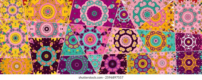 Vector patchwork quilt pattern. Vintage decorative collage. Hand drawn background. Indian, Arabic, Turkish motifs for printing on fabric or paper. Abstract colorful doodle pattern in mosaic style