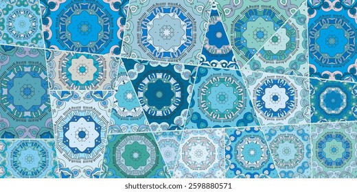 Vector patchwork quilt pattern. Vintage decorative collage. Hand drawn background. Indian, Arabic, Turkish motifs for printing on fabric or paper. Abstract colorful doodle pattern in mosaic style