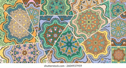 Vector patchwork quilt pattern. Vintage decorative collage. Hand drawn background. Indian, Arabic, Turkish motifs for printing on fabric or paper. Abstract colorful doodle pattern in mosaic style