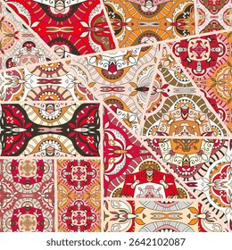Vector patchwork quilt pattern. Vintage decorative collage. Hand drawn background. Indian, Arabic, Turkish motifs for printing on fabric or paper. Abstract colorful doodle pattern in mosaic style