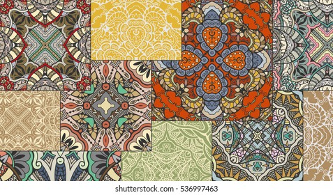 Vector patchwork quilt pattern. Vintage decorative elements. Hand drawn background. Indian, Arabic, Turkish motifs for printing on fabric or paper. Abstract colorful doodle pattern in mosaic style
