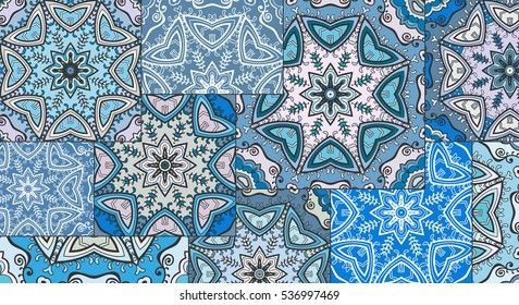 Vector patchwork quilt pattern. Vintage decorative elements. Hand drawn background. Indian, Arabic, Turkish motifs for printing on fabric or paper. Abstract colorful doodle pattern in mosaic style