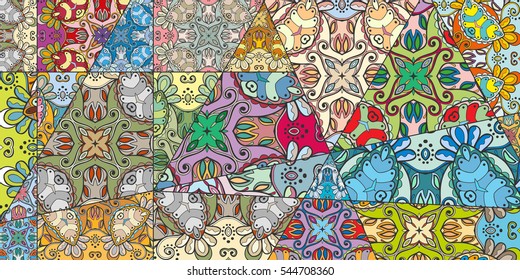 Vector patchwork quilt pattern. Vintage decorative elements. Hand drawn background. Indian, Arabic, Turkish motifs for printing on fabric or paper. Abstract colorful doodle pattern in mosaic style