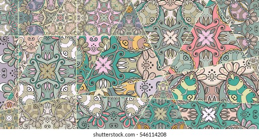 Vector patchwork quilt pattern. Vintage decorative elements. Hand drawn background. Indian, Arabic, Turkish motifs for printing on fabric or paper. Abstract colorful doodle pattern in mosaic style