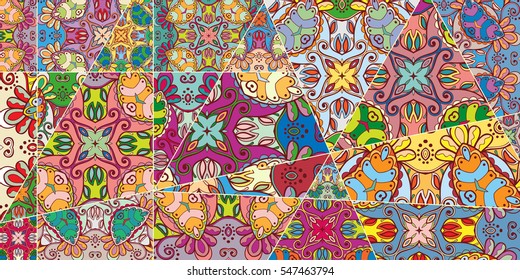 Vector patchwork quilt pattern. Vintage decorative elements. Hand drawn background. Indian, Arabic, Turkish motifs for printing on fabric or paper. Abstract colorful doodle pattern in mosaic style