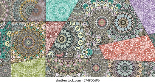 Vector patchwork quilt pattern. Vintage decorative elements. Hand drawn background. Indian, Arabic, Turkish motifs for printing on fabric or paper. Abstract colorful doodle pattern in mosaic style