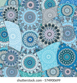 Vector patchwork quilt pattern. Vintage decorative elements. Hand drawn background. Indian, Arabic, Turkish motifs for printing on fabric or paper. Abstract colorful doodle pattern in mosaic style