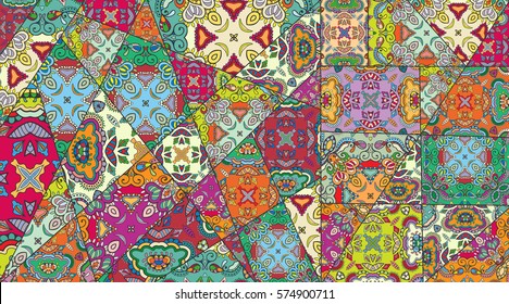 Vector patchwork quilt pattern. Vintage decorative elements. Hand drawn background. Indian, Arabic, Turkish motifs for printing on fabric or paper. Abstract colorful doodle pattern in mosaic style