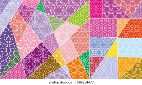 Vector patchwork quilt pattern. Vintage decorative elements. Hand drawn background. Indian, Arabic, Turkish motifs for printing on fabric or paper. Abstract colorful doodle pattern in mosaic style