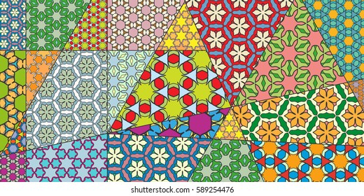 Vector patchwork quilt pattern. Vintage decorative elements. Hand drawn background. Indian, Arabic, Turkish motifs for printing on fabric or paper. Abstract colorful doodle pattern in mosaic style