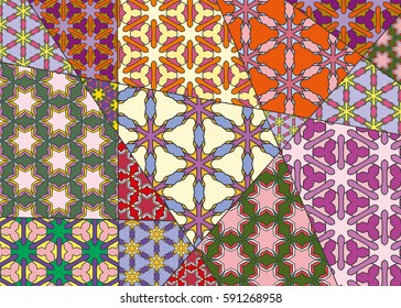 Vector patchwork quilt pattern. Vintage decorative elements. Hand drawn background. Indian, Arabic, Turkish motifs for printing on fabric or paper. Abstract colorful doodle pattern in mosaic style