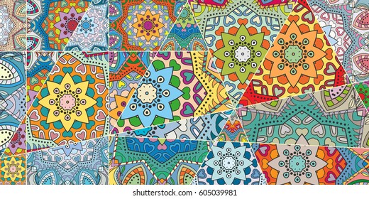 Vector patchwork quilt pattern. Vintage decorative elements. Hand drawn background. Indian, Arabic, Turkish motifs for printing on fabric or paper. Abstract colorful doodle pattern in mosaic style