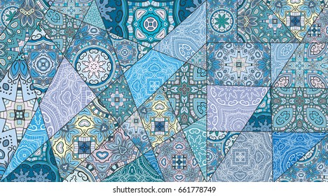 Vector patchwork quilt pattern. Vintage decorative elements. Hand drawn background. Indian, Arabic, Turkish motifs for printing on fabric or paper. Abstract colorful doodle pattern in mosaic style