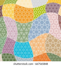 Vector patchwork quilt pattern. Vintage decorative elements. Hand drawn background. Indian, Arabic, Turkish motifs for printing on fabric or paper. Abstract colorful doodle pattern in mosaic style