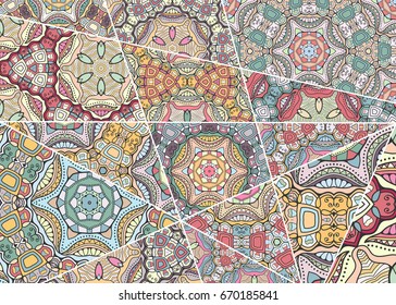 Vector patchwork quilt pattern. Vintage decorative elements. Hand drawn background. Indian, Arabic, Turkish motifs for printing on fabric or paper. Abstract colorful doodle pattern in mosaic style