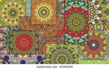 Vector patchwork quilt pattern. Vintage decorative elements. Hand drawn background. Indian, Arabic, Turkish motifs for printing on fabric or paper. Abstract colorful doodle pattern in mosaic style