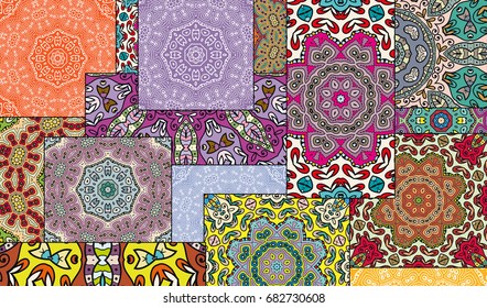 Vector patchwork quilt pattern. Vintage decorative elements. Hand drawn background. Indian, Arabic, Turkish motifs for printing on fabric or paper. Abstract colorful doodle pattern in mosaic style