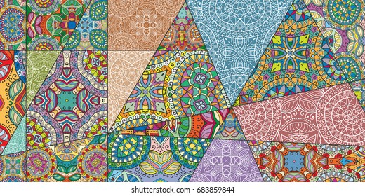 Vector patchwork quilt pattern. Vintage decorative elements. Hand drawn background. Indian, Arabic, Turkish motifs for printing on fabric or paper. Abstract colorful doodle pattern in mosaic style