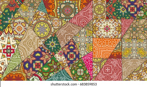 Vector patchwork quilt pattern. Vintage decorative elements. Hand drawn background. Indian, Arabic, Turkish motifs for printing on fabric or paper. Abstract colorful doodle pattern in mosaic style