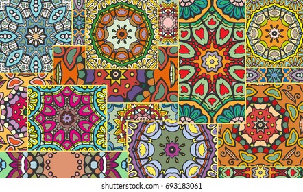 Vector patchwork quilt pattern. Vintage decorative elements. Hand drawn background. Indian, Arabic, Turkish motifs for printing on fabric or paper. Abstract colorful doodle pattern in mosaic style